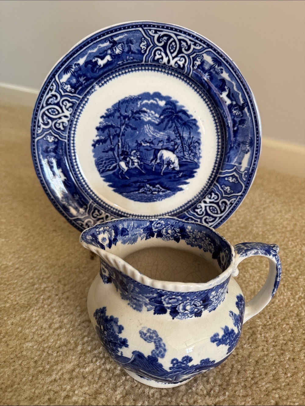 Antique Cobalt Blue and White Pitcher and Plate